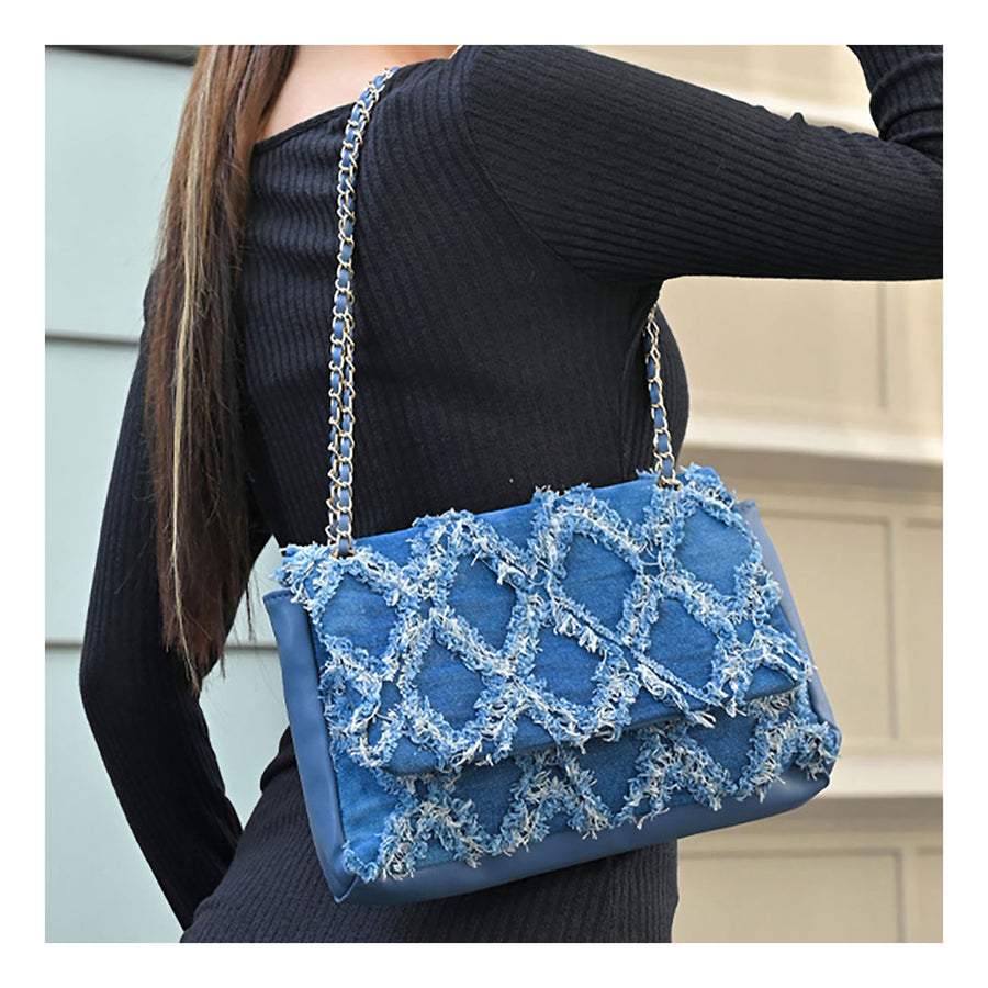 Distressed Denim Folder Chain Strap Shoulder Handbag