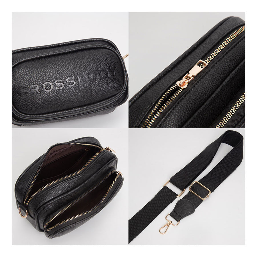 Tan Double Zipper Structured Crossbody Bag