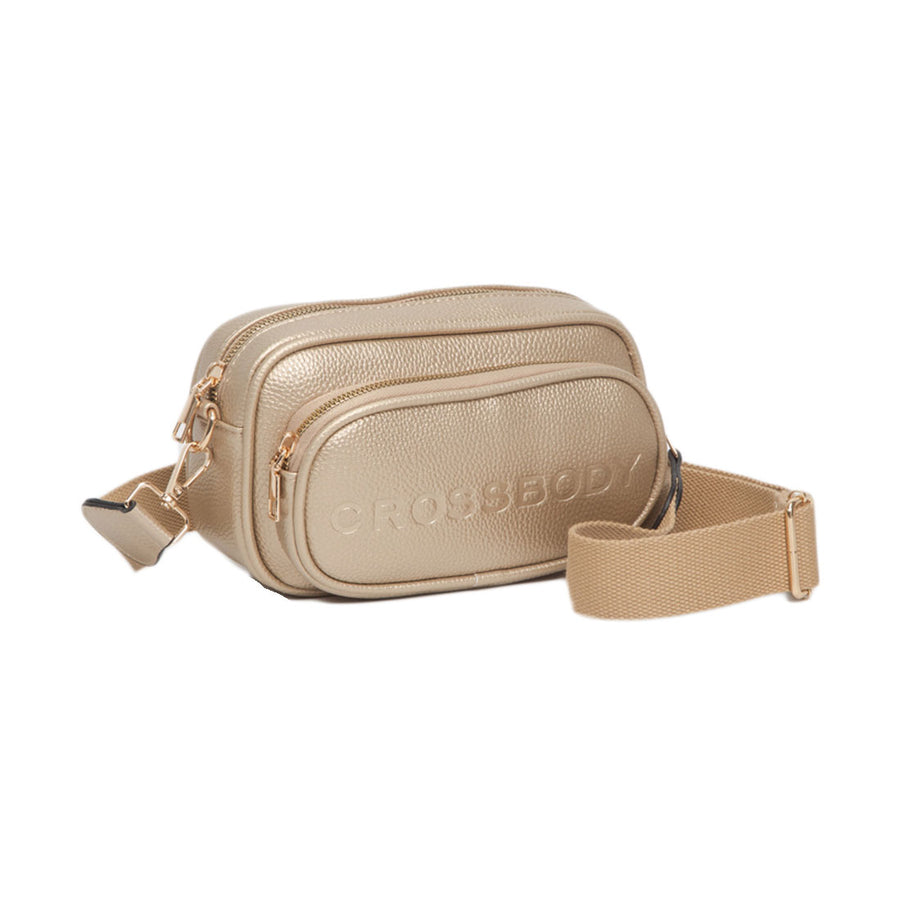 Tan Double Zipper Structured Crossbody Bag