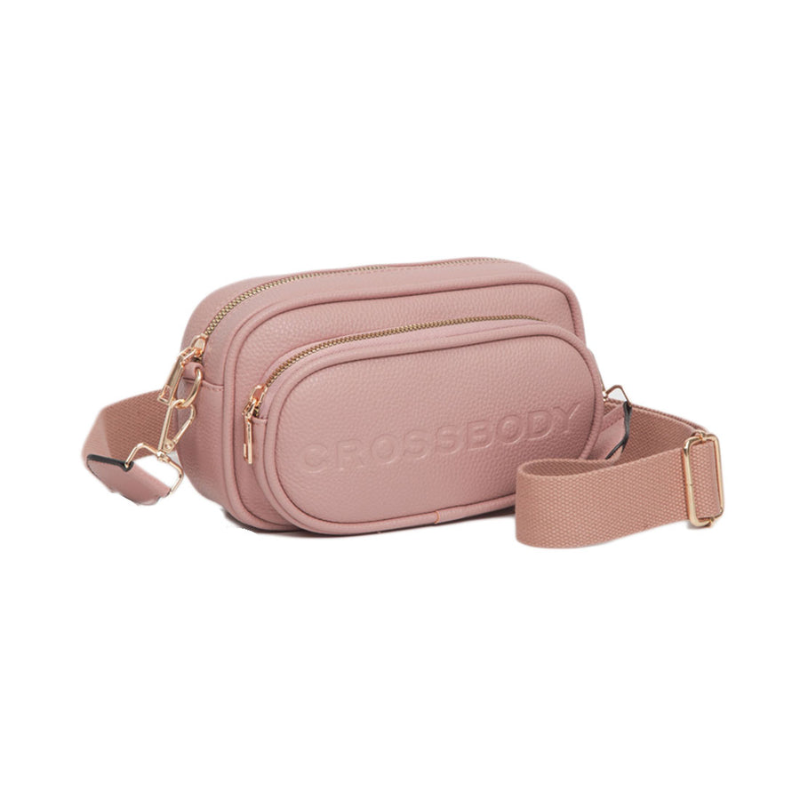 Tan Double Zipper Structured Crossbody Bag