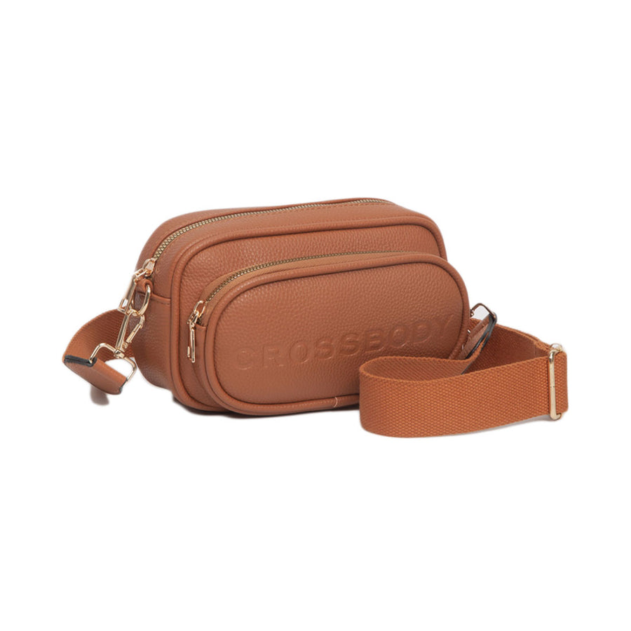 Tan Double Zipper Structured Crossbody Bag