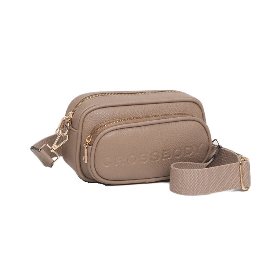 Tan Double Zipper Structured Crossbody Bag