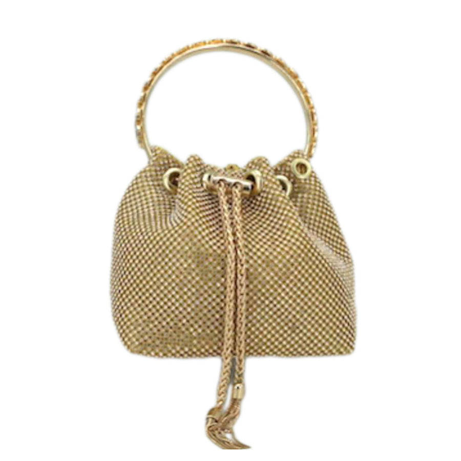 Shimmering Gold Rhinestone Top Handle Drawstring Evening Clutch Bag