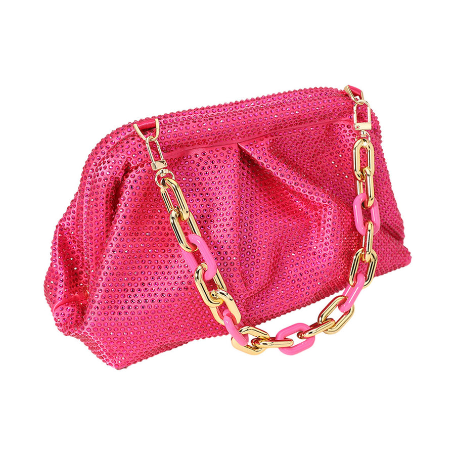 Shimmering Bling Champagne Stud Chunky Chain Strap Evening Clutch Bag
