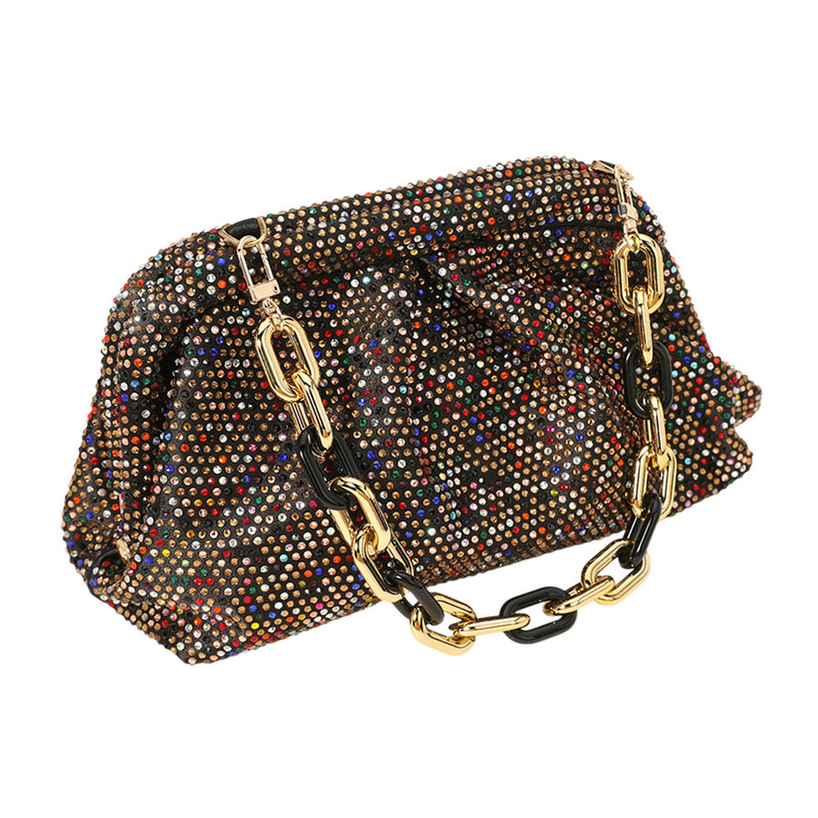 Shimmering Bling Champagne Stud Chunky Chain Strap Evening Clutch Bag