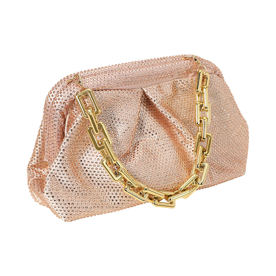 Shimmering Bling Champagne Stud Chunky Chain Strap Evening Clutch Bag
