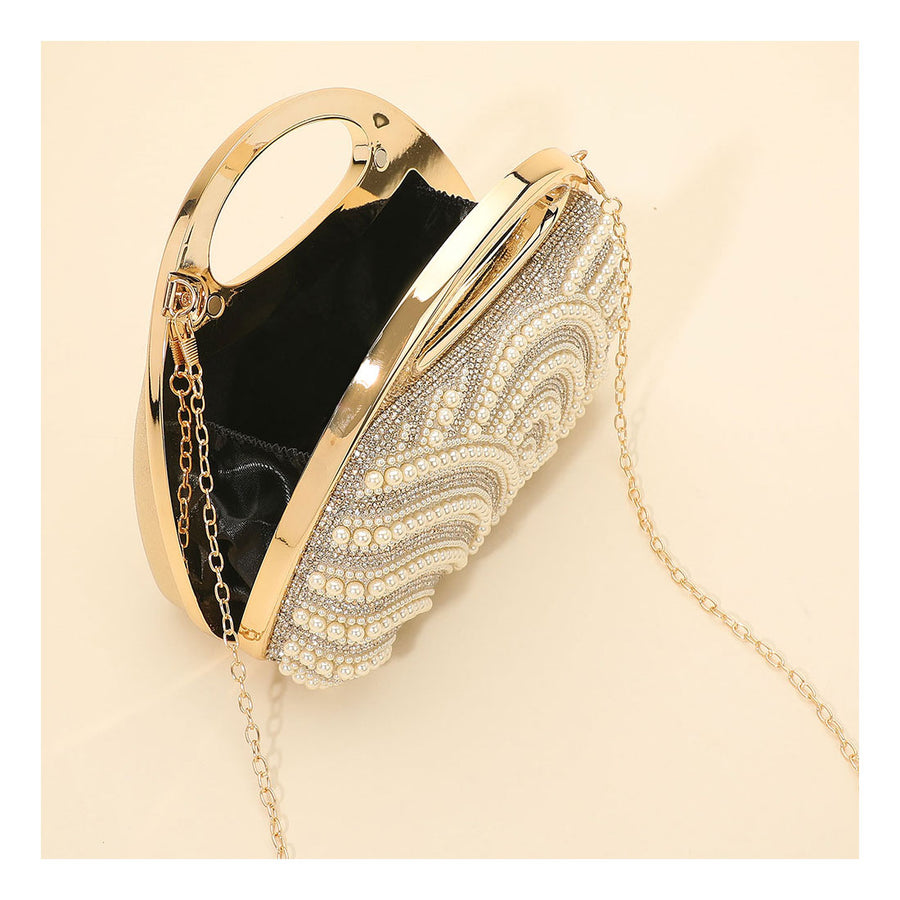 Gold Pearl Rhinestone Embellished Evening Clutch Crossbody Bag