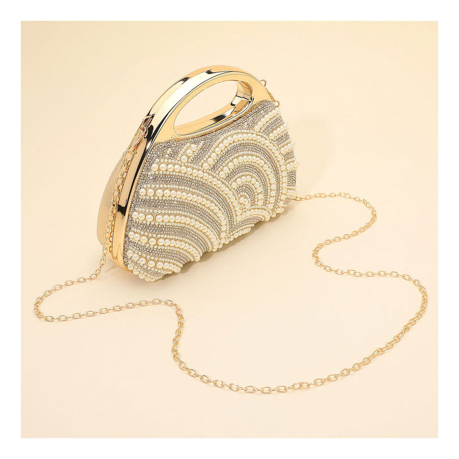Gold Pearl Rhinestone Embellished Evening Clutch Crossbody Bag