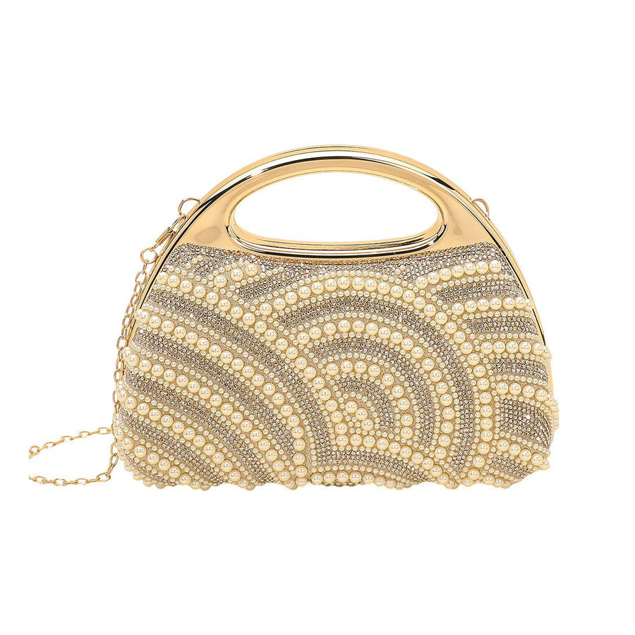 Gold Pearl Rhinestone Embellished Evening Clutch Crossbody Bag
