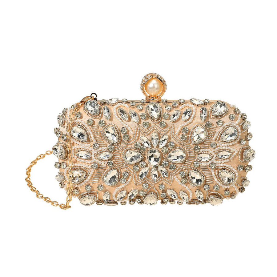 Gold Pearl Clasp Crystal Beads Evening Clutch Bag
