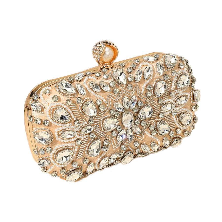 Gold Pearl Clasp Crystal Beads Evening Clutch Bag