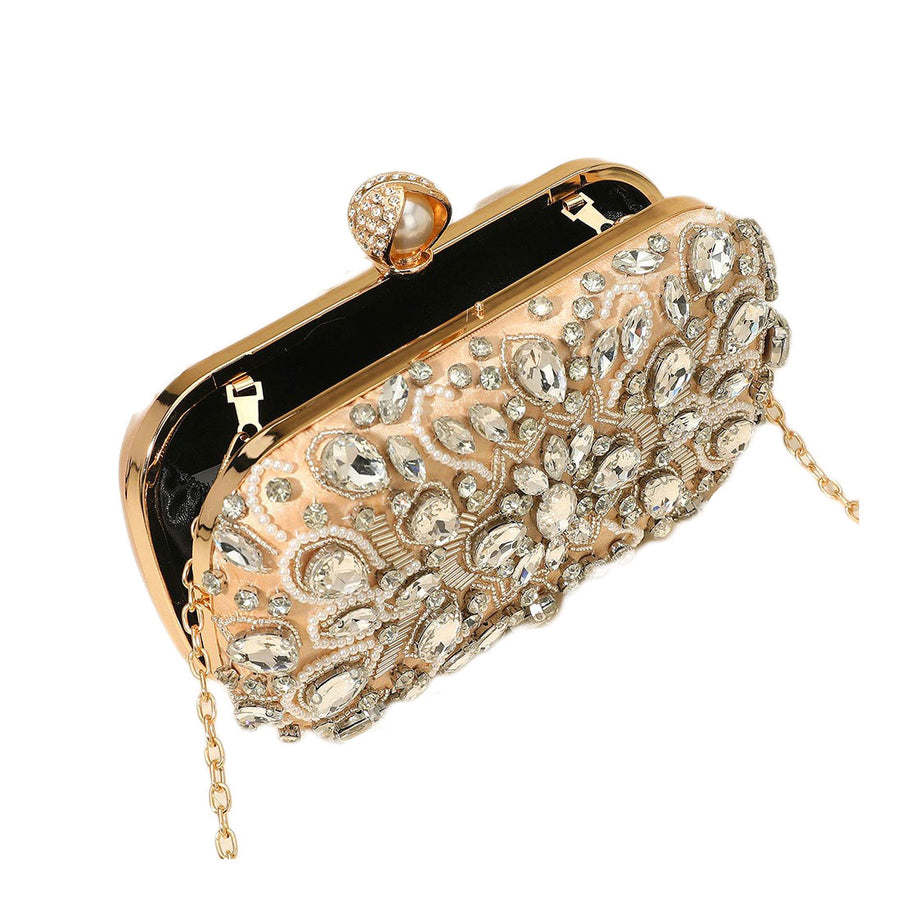 Gold Pearl Clasp Crystal Beads Evening Clutch Bag