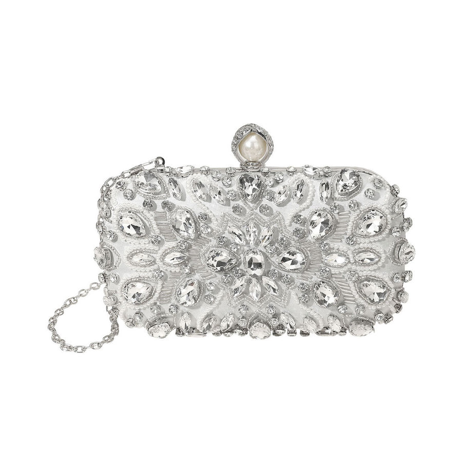 Gold Pearl Clasp Crystal Beads Evening Clutch Bag