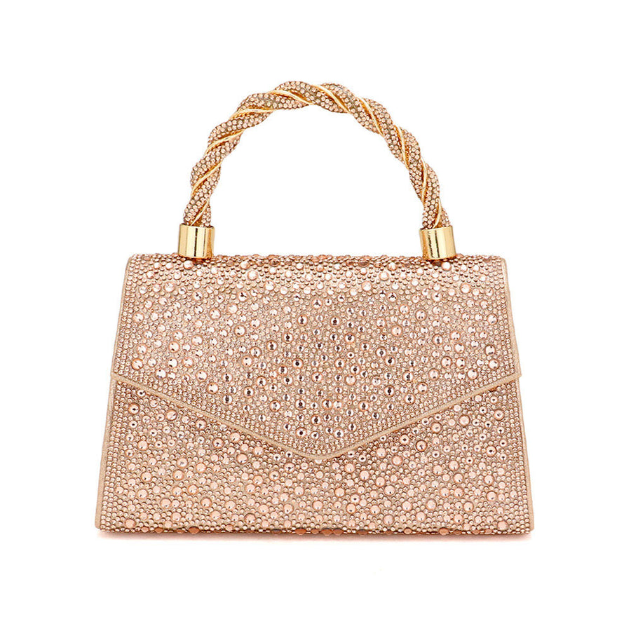 Bling Rose Gold Stone Top Handle Evening Clutch Bag