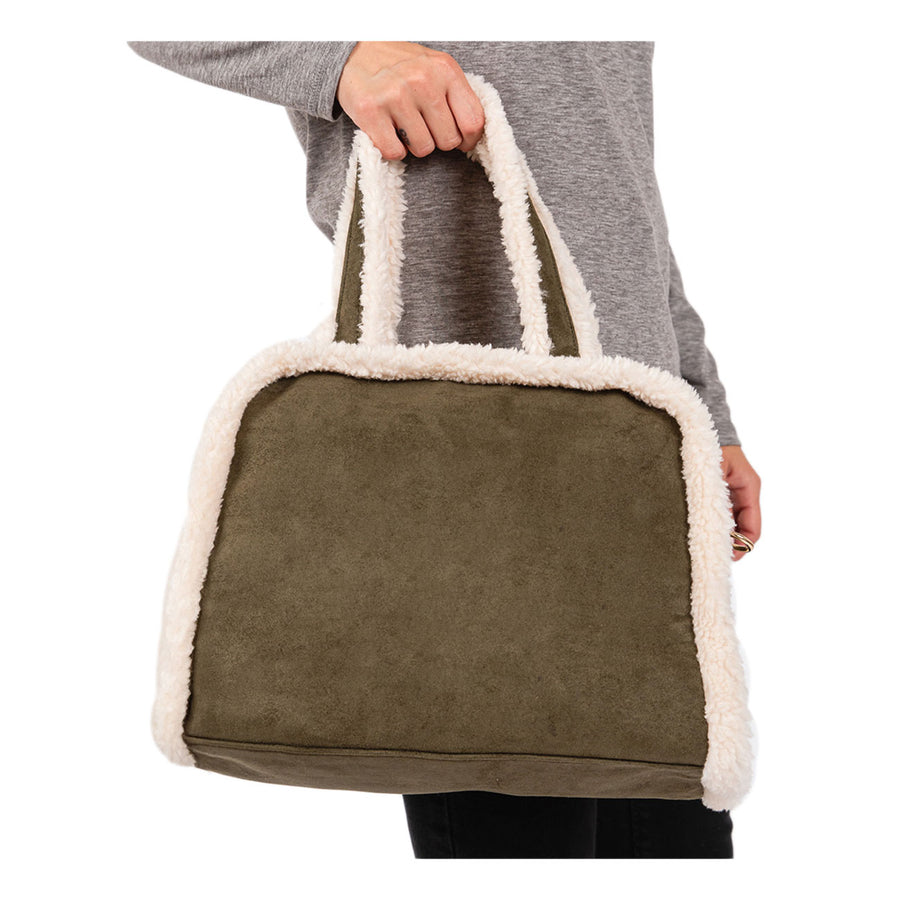 Camel Fleece Trim Crossbody Tote Bag