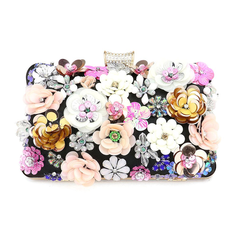 Pink 3D Sequin Floral Embellished Evening Clutch Bag