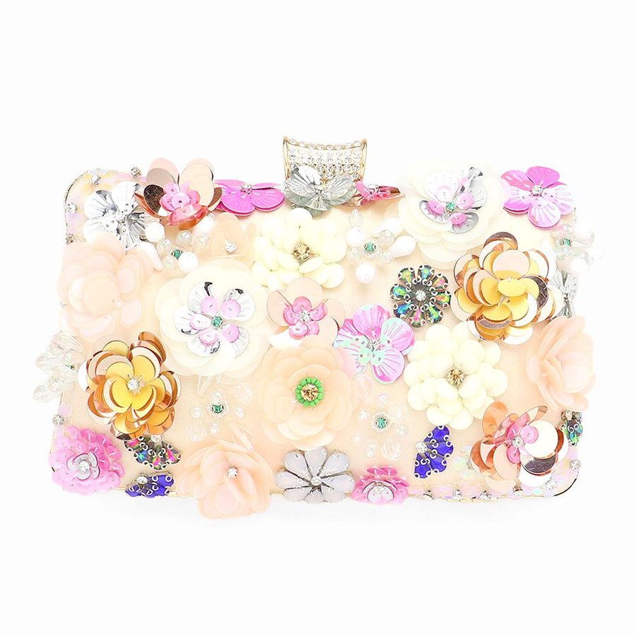 Pink 3D Sequin Floral Embellished Evening Clutch Bag