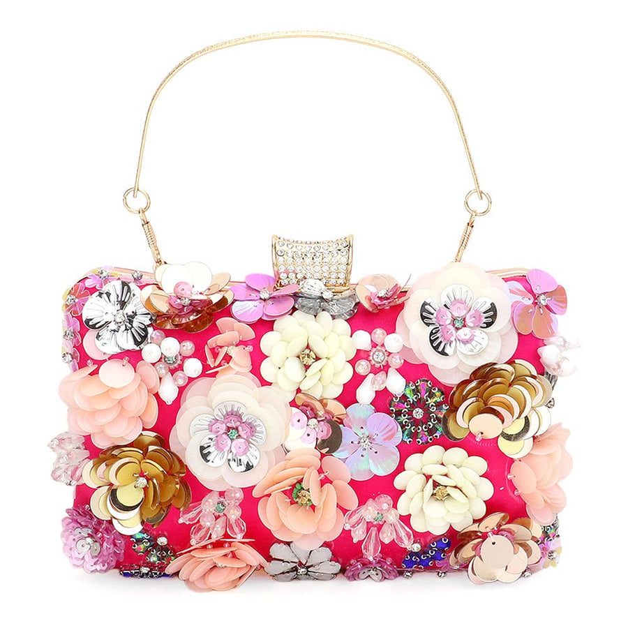 Pink 3D Sequin Floral Embellished Evening Clutch Bag