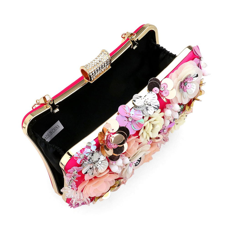 Pink 3D Sequin Floral Embellished Evening Clutch Bag