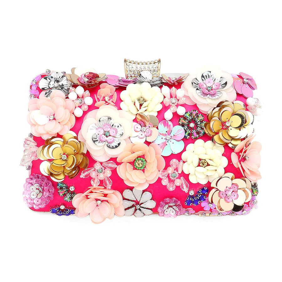 Pink 3D Sequin Floral Embellished Evening Clutch Bag