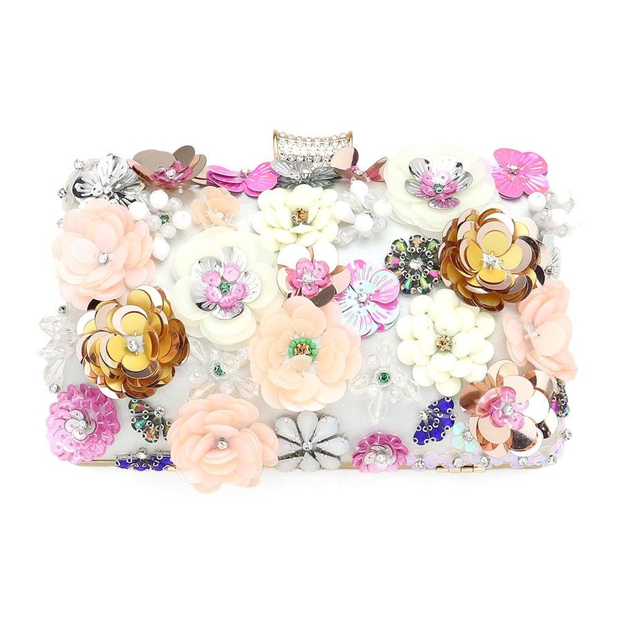 Pink 3D Sequin Floral Embellished Evening Clutch Bag