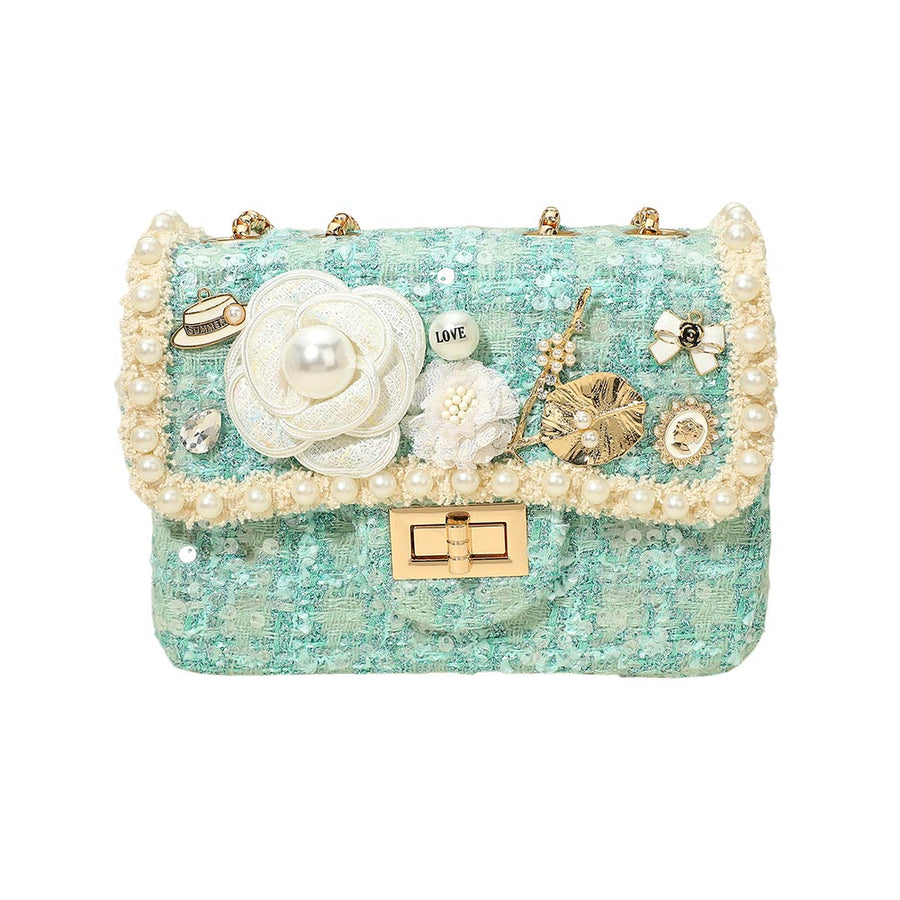 Pink Floral Pearl Stone Cluster Tweed Crossbody Bag