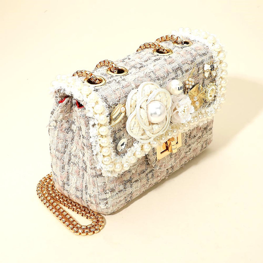 Pink Floral Pearl Stone Cluster Tweed Crossbody Bag