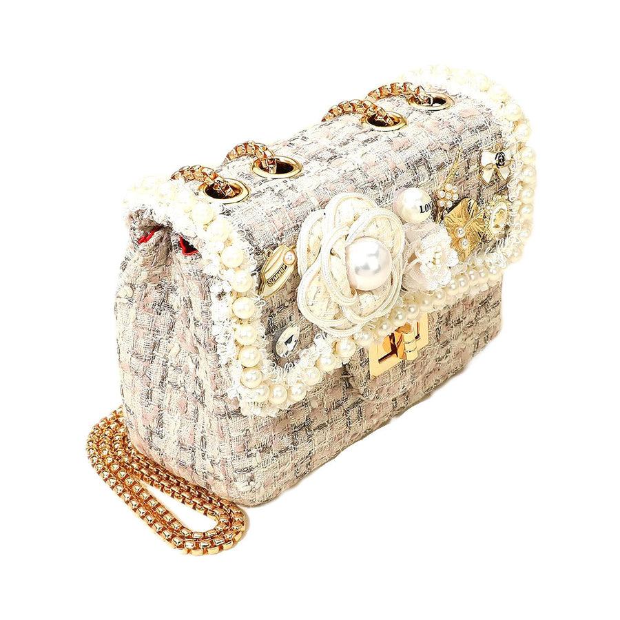 Pink Floral Pearly Beads Cluster Tweed Crossbody Bag