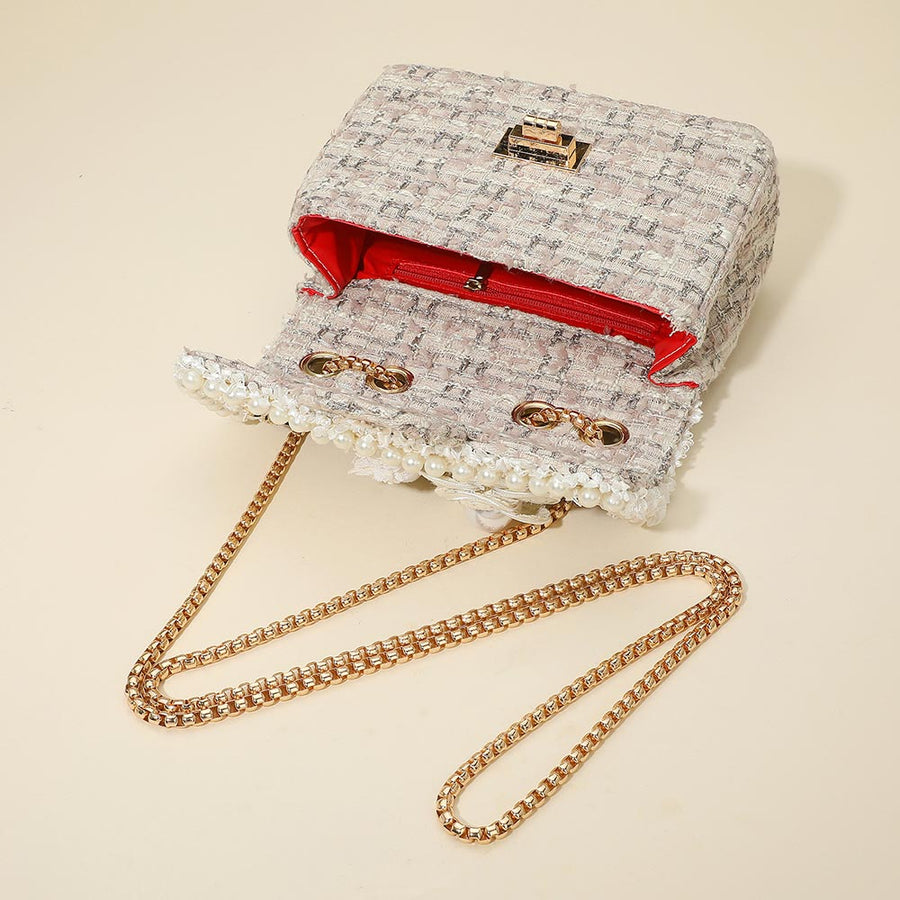 Pink Floral Pearl Stone Cluster Tweed Crossbody Bag