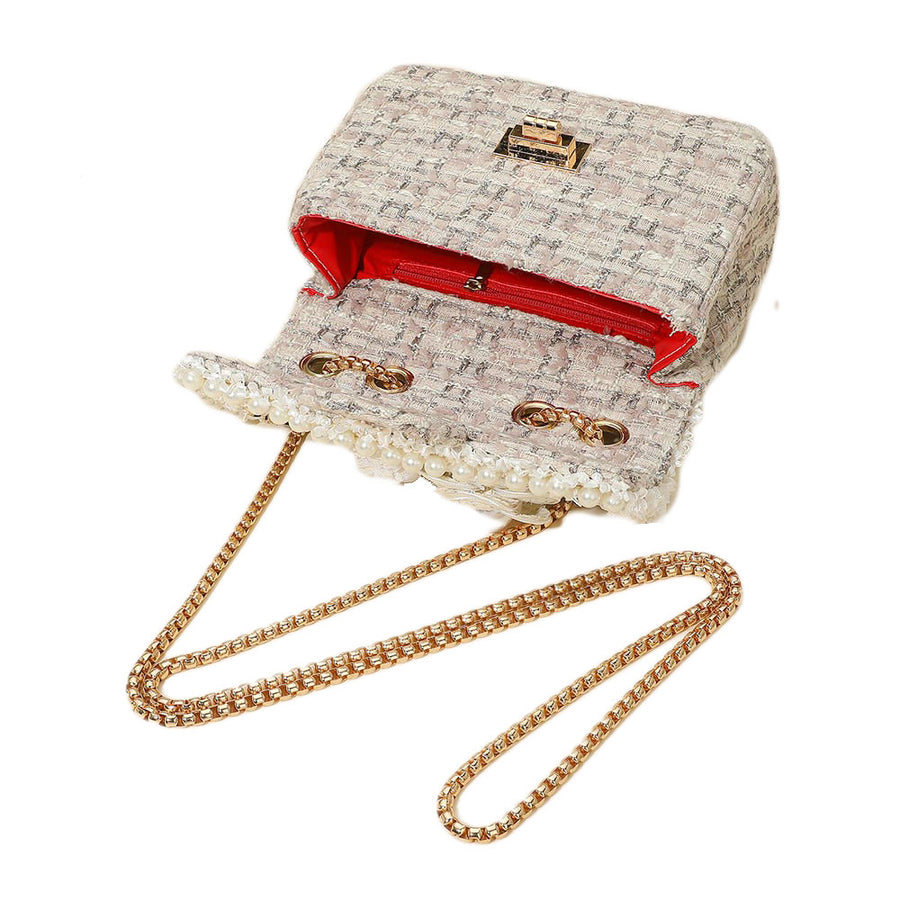 Pink Floral Pearly Beads Cluster Tweed Crossbody Bag