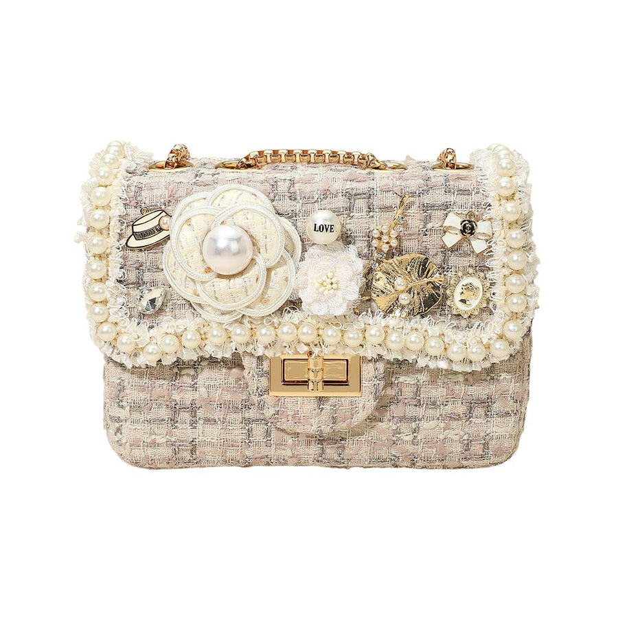 Pink Floral Pearl Stone Cluster Tweed Crossbody Bag