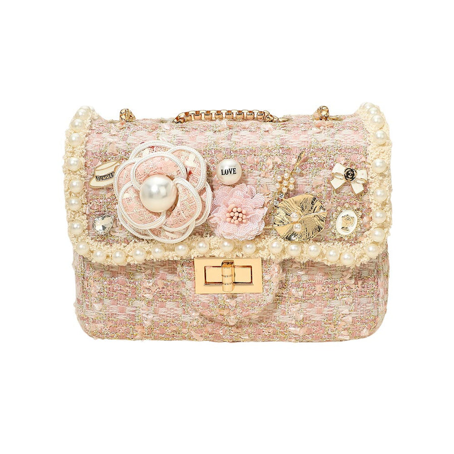 Pink Floral Pearl Stone Cluster Tweed Crossbody Bag