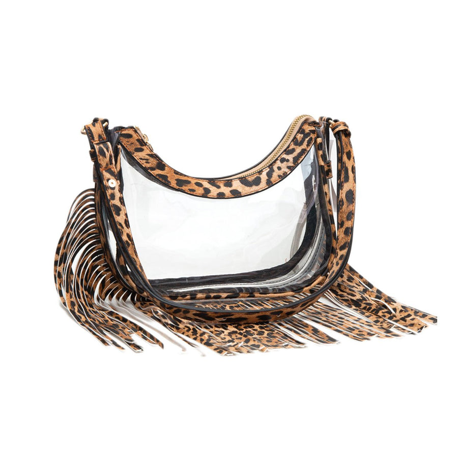 Dazzling Transparent Clear Leopard Trim Fringe Crossbody Bag