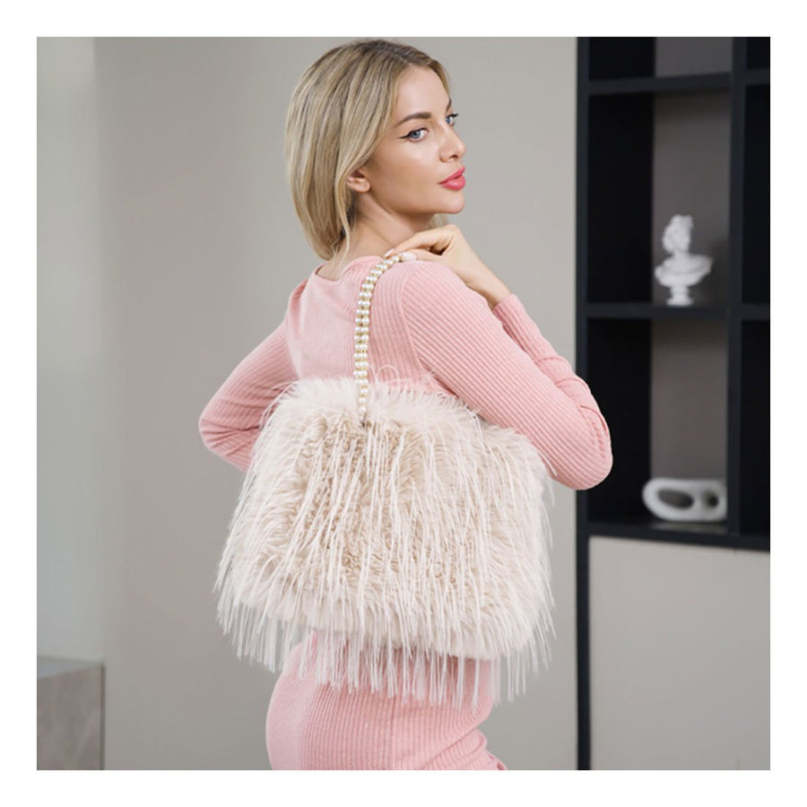 Pink Furry Pearl Handle Shoulder Bag