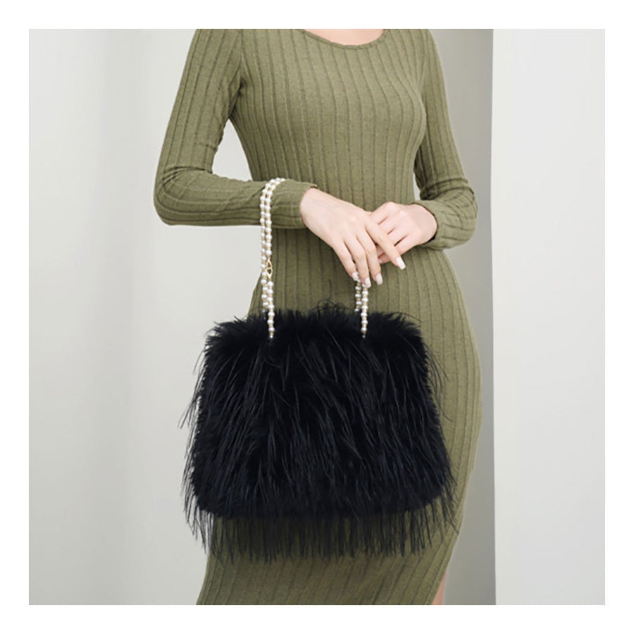 Pink Furry Pearl Handle Shoulder Bag