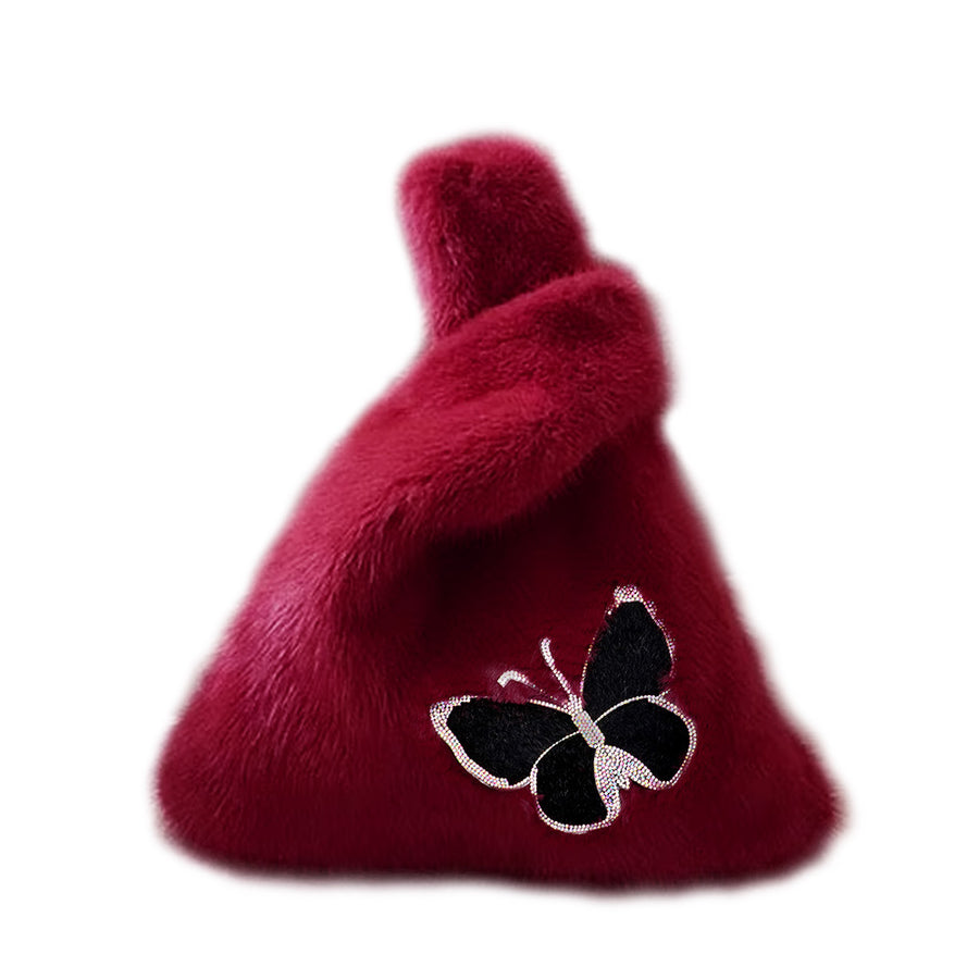 Burgundy Fluffy Furry Butterfly Slouchy Tote Bag