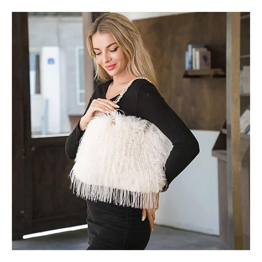 Pink Furry Pearl Handle Shoulder Bag
