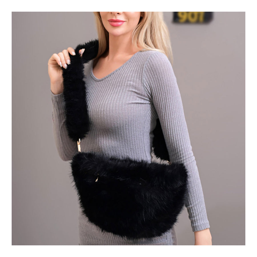Beige Fluffy Faux Fur Shoulder Crossbody Bag