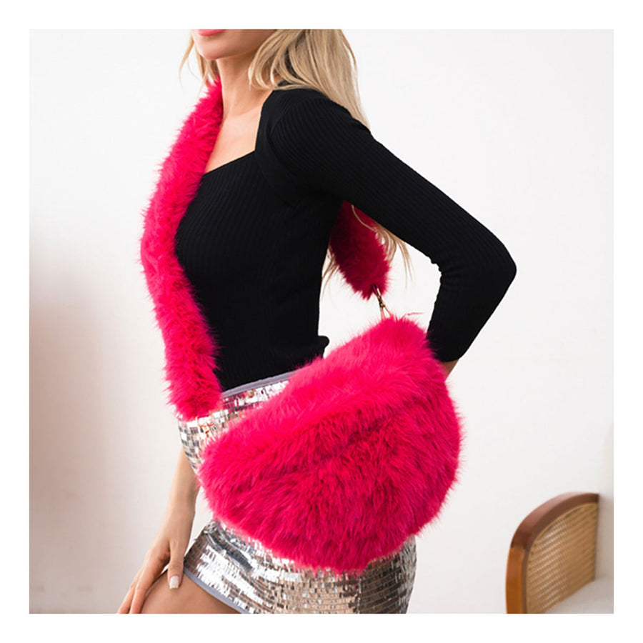Beige Fluffy Faux Fur Shoulder Crossbody Bag