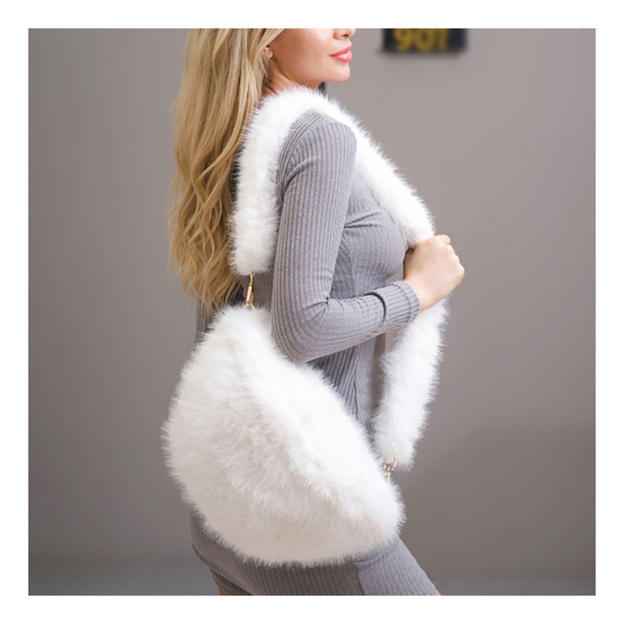 Beige Fluffy Faux Fur Shoulder Crossbody Bag