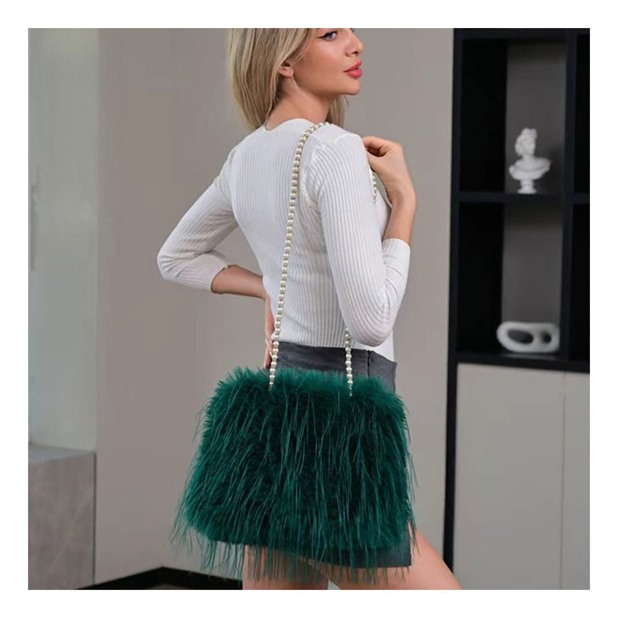 Pink Furry Pearl Handle Shoulder Bag