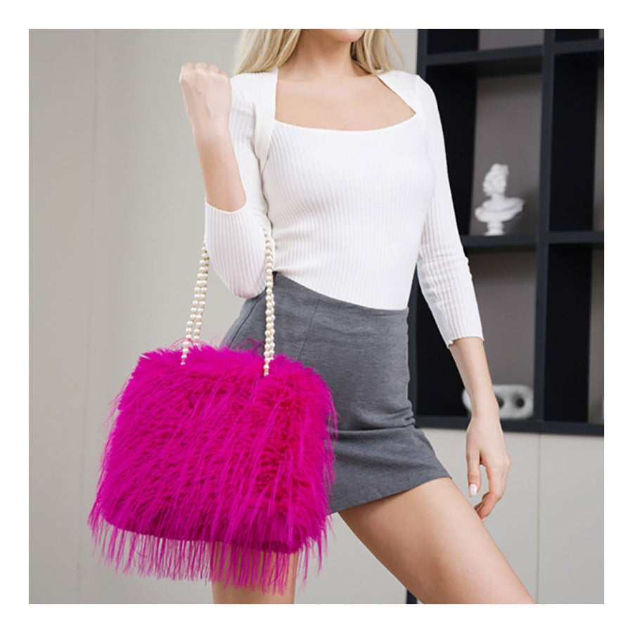 Pink Furry Pearl Handle Shoulder Bag