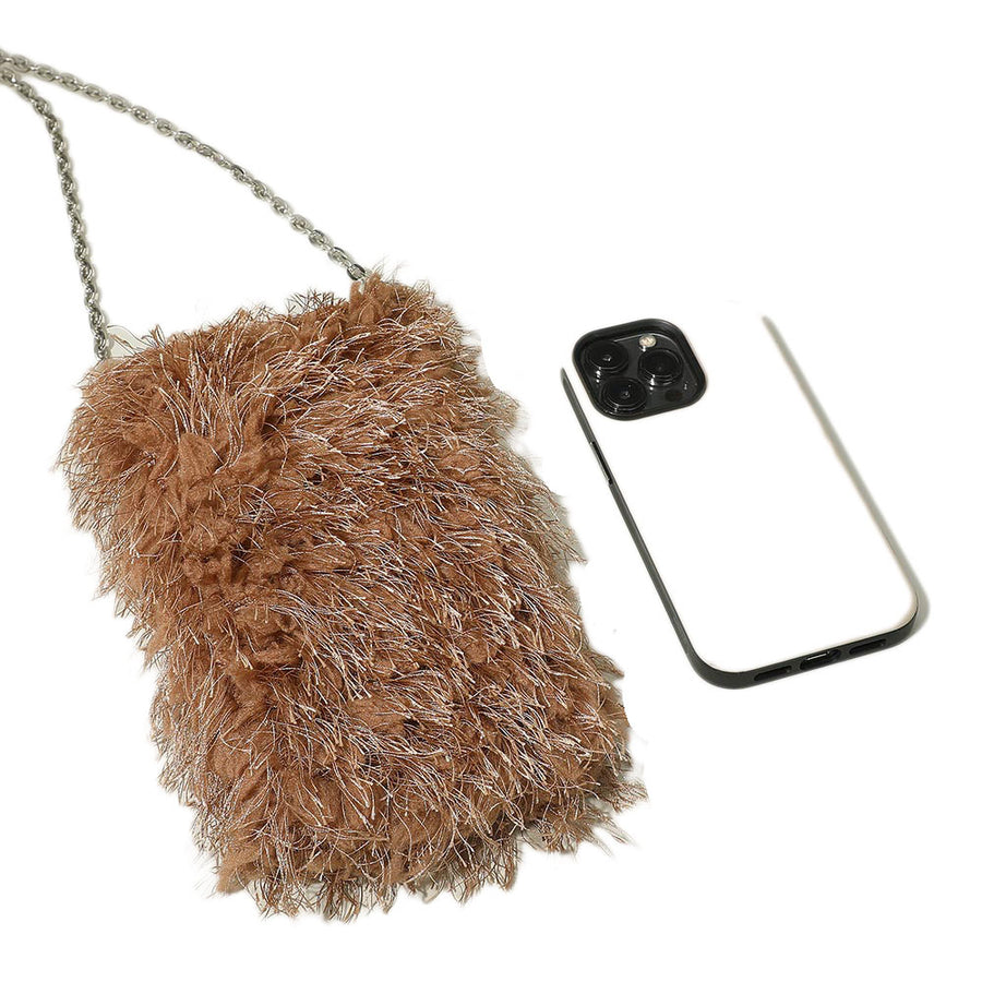 Khaki Fluffy Faux Fur Crossbody Phone Bag