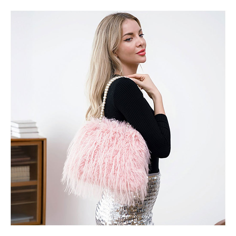 Pink Furry Pearl Handle Shoulder Bag