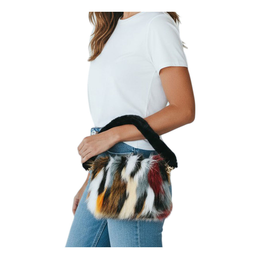 Multi Color Furry Faux Fur Top Handle Plush Shoulder Bag
