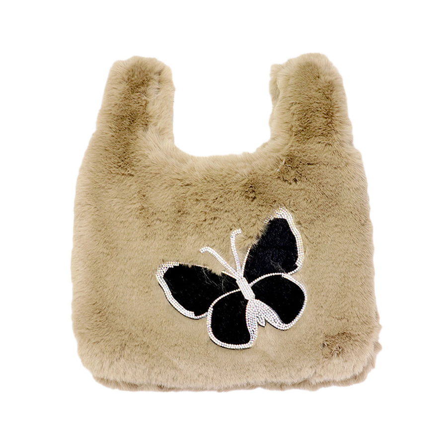 Burgundy Fluffy Furry Butterfly Slouchy Tote Bag