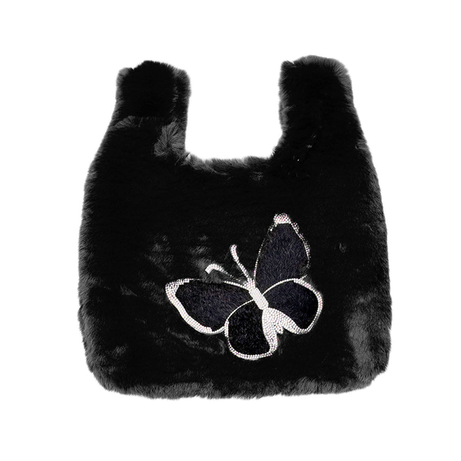 Burgundy Fluffy Furry Butterfly Slouchy Tote Bag