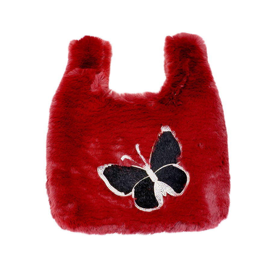 Burgundy Fluffy Furry Butterfly Slouchy Tote Bag