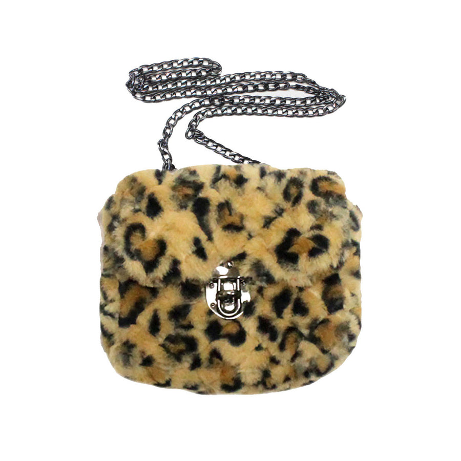 Leopard Print Faux Fur Chain Crossbody Bag