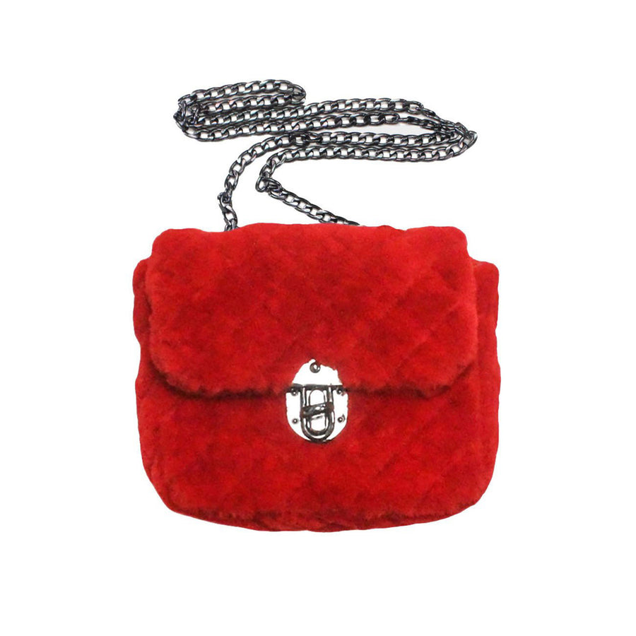 Romantic Red Fluffy Quilted Faux Fur Chain Crossbody Bag